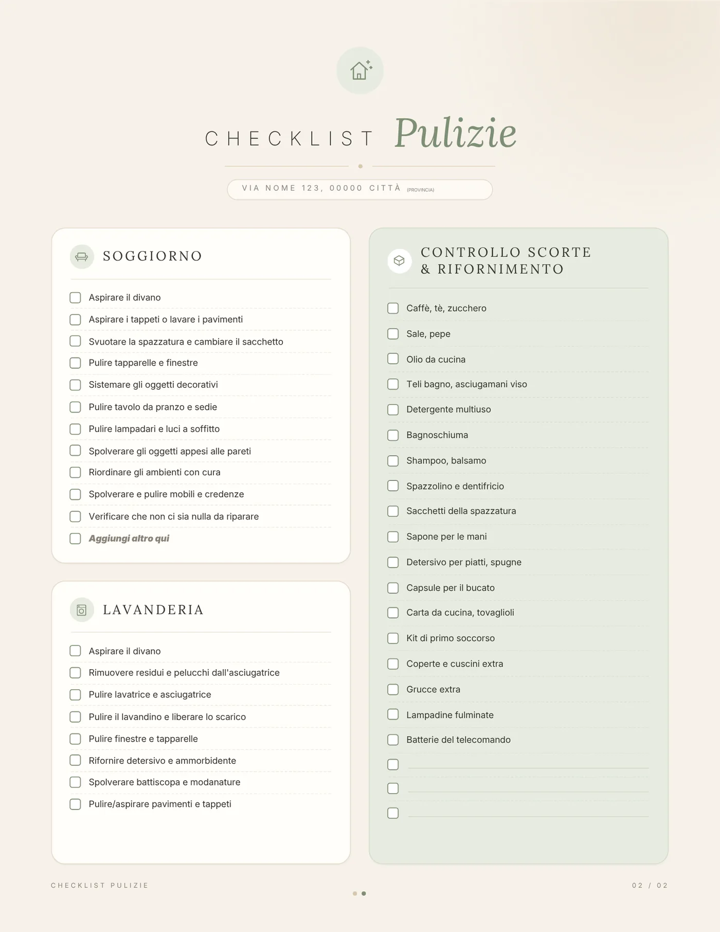 Checklist Pulizie, pagina 2: Soggiorno, Lavanderia, Controllo scorte e rifornimento