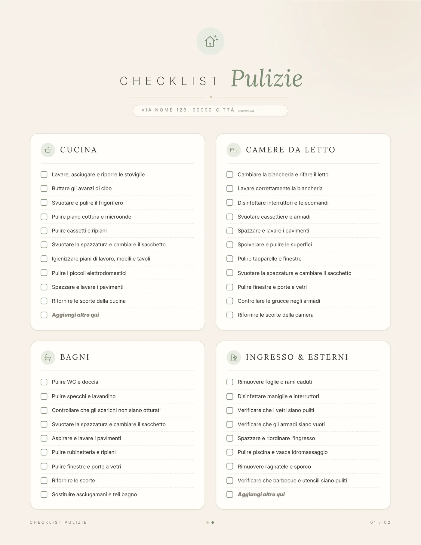 Checklist Pulizie, pagina 1: Cucina, Camere da letto, Bagni, Ingresso ed Esterni