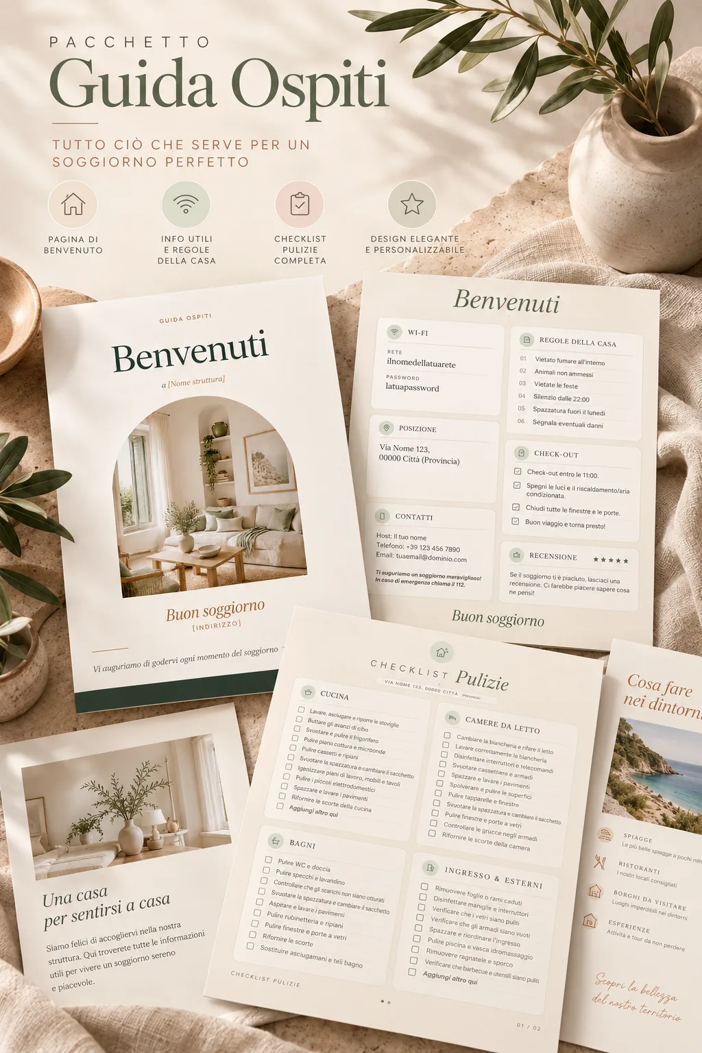 Mockup del Pacchetto Guida Ospiti: pagina di benvenuto, info utili, checklist pulizie e cosa fare nei dintorni